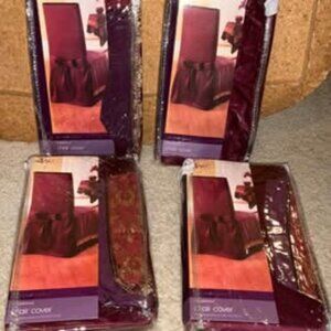 4 NWT burgundy and gold dining room chair covers fits chairs up to 43” tall